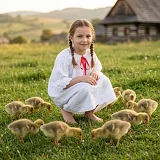 Dievča v slovenskom kroji pasie husičky