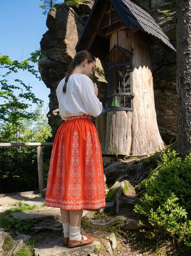Žena v Slovenskom kroji sa modlí pri kaplnke na Šancoch