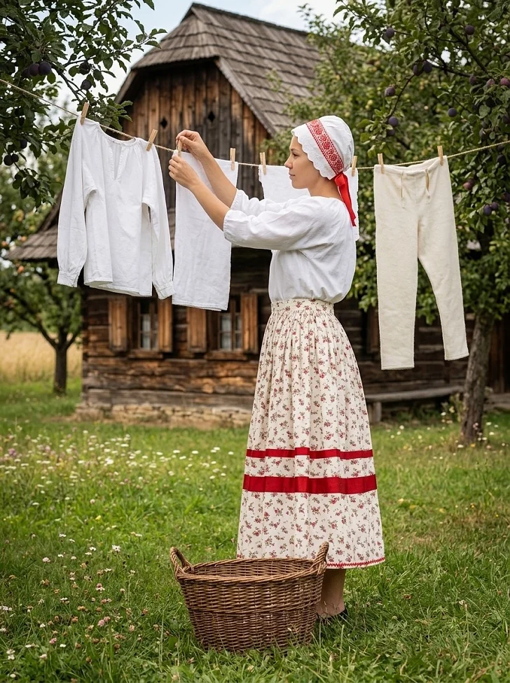 Slovenská gazdiná vešia prádlo v záhrade