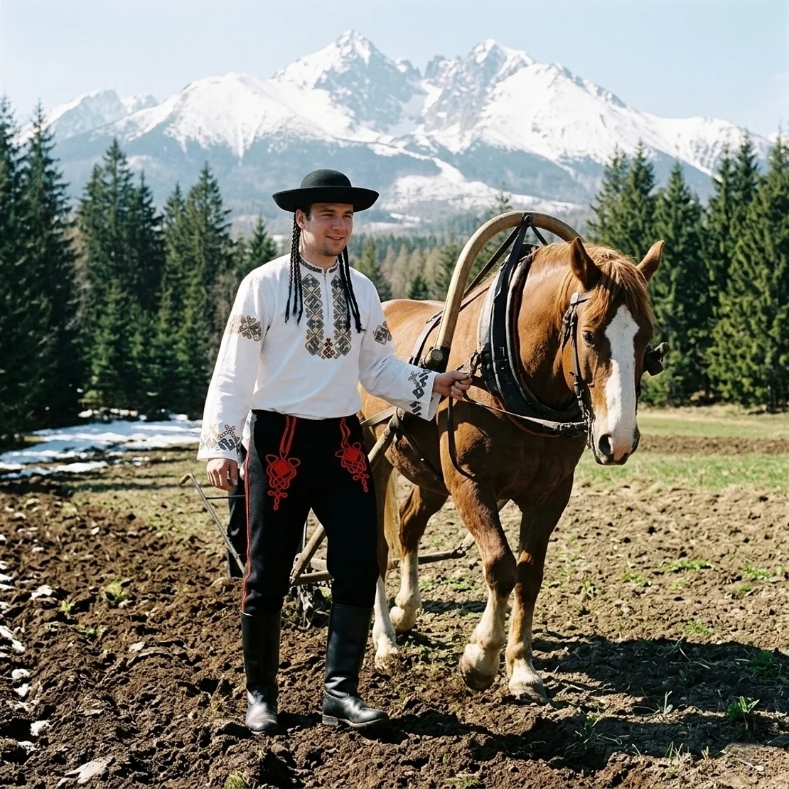 Muž z pod Tatier oblečený v Slovenskom kroji a vyšívanej košeli poháňa koňa pri oraní poľa