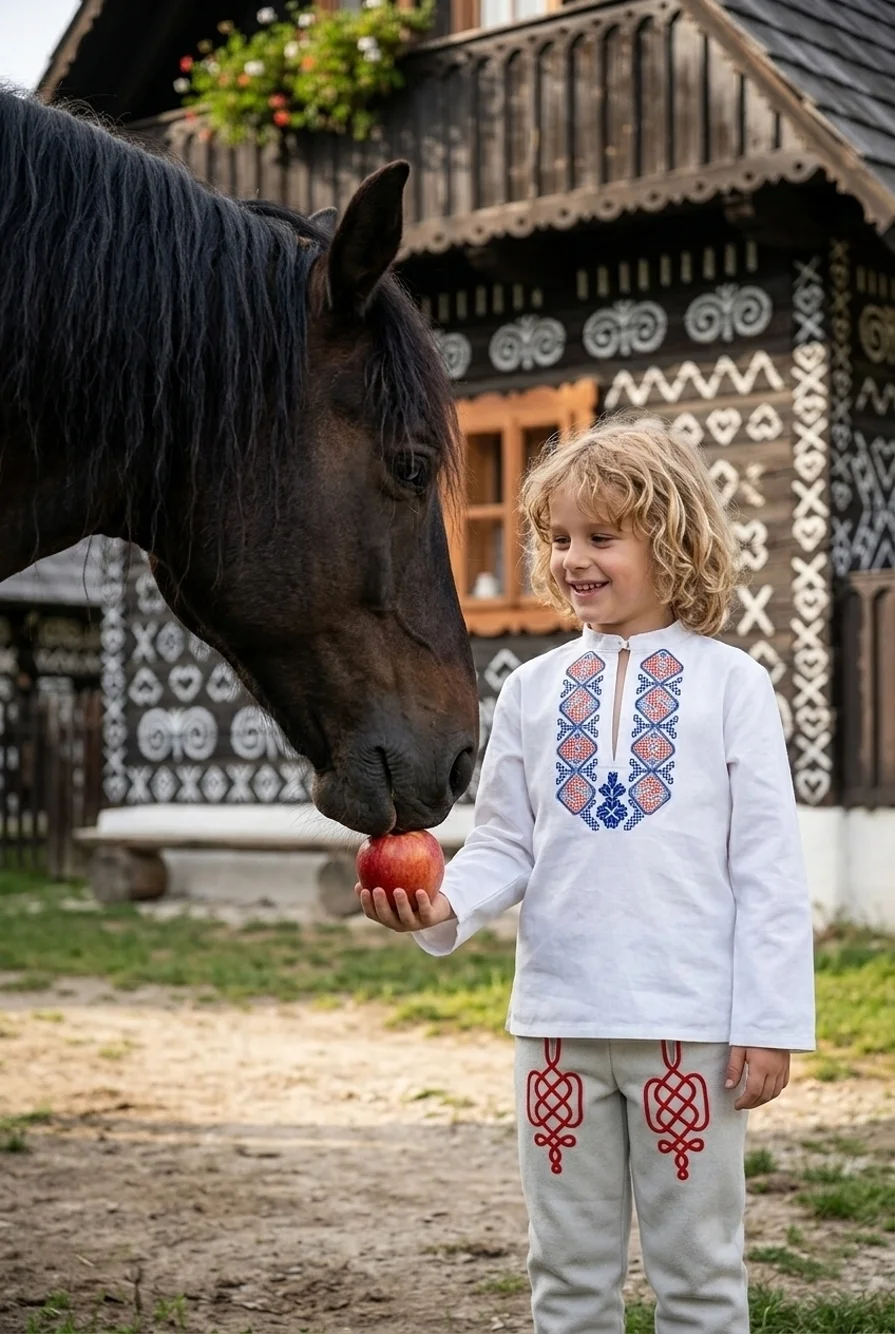 Chlapec vo vyšivanej čičmanskej košeli krmi koňa