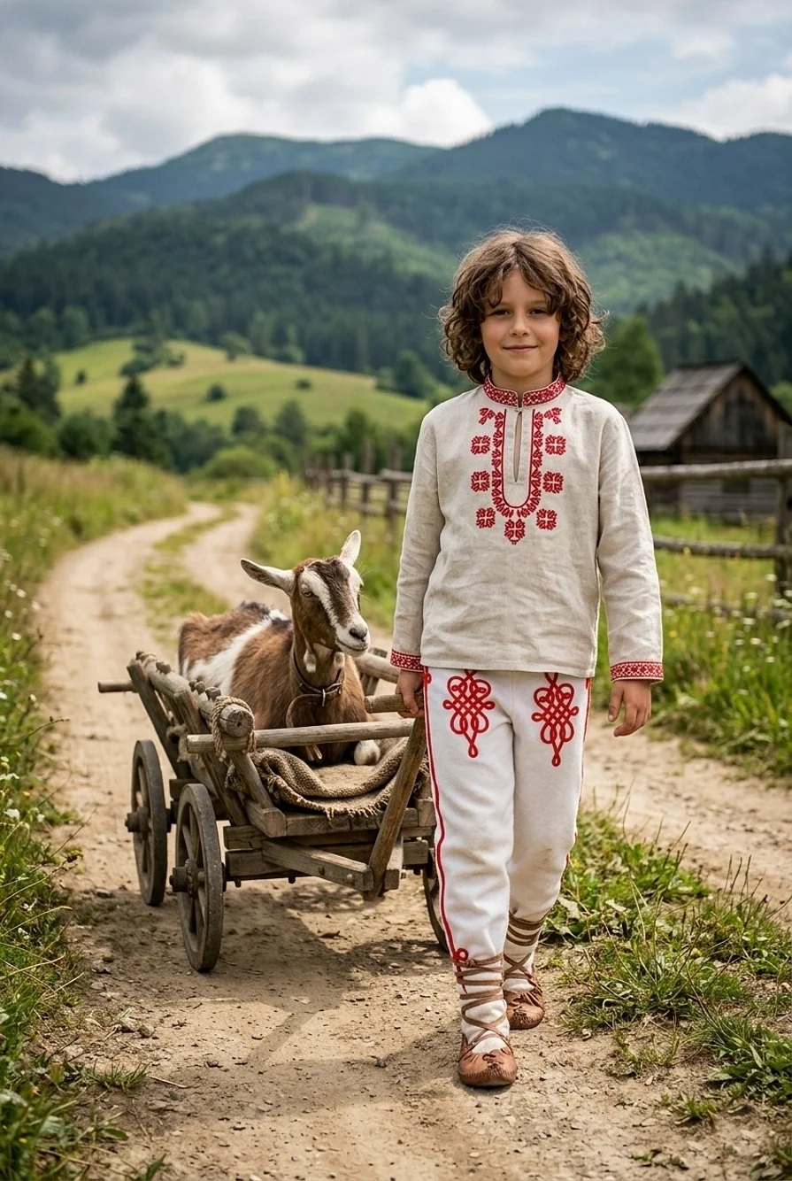 Chlapec vezie na voze kozu a má oblečenú vyšívanú krojovú košeľu