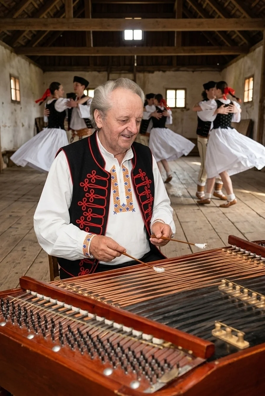 Muzikant oblečený v Slovenskom kroji hrá na cimbal