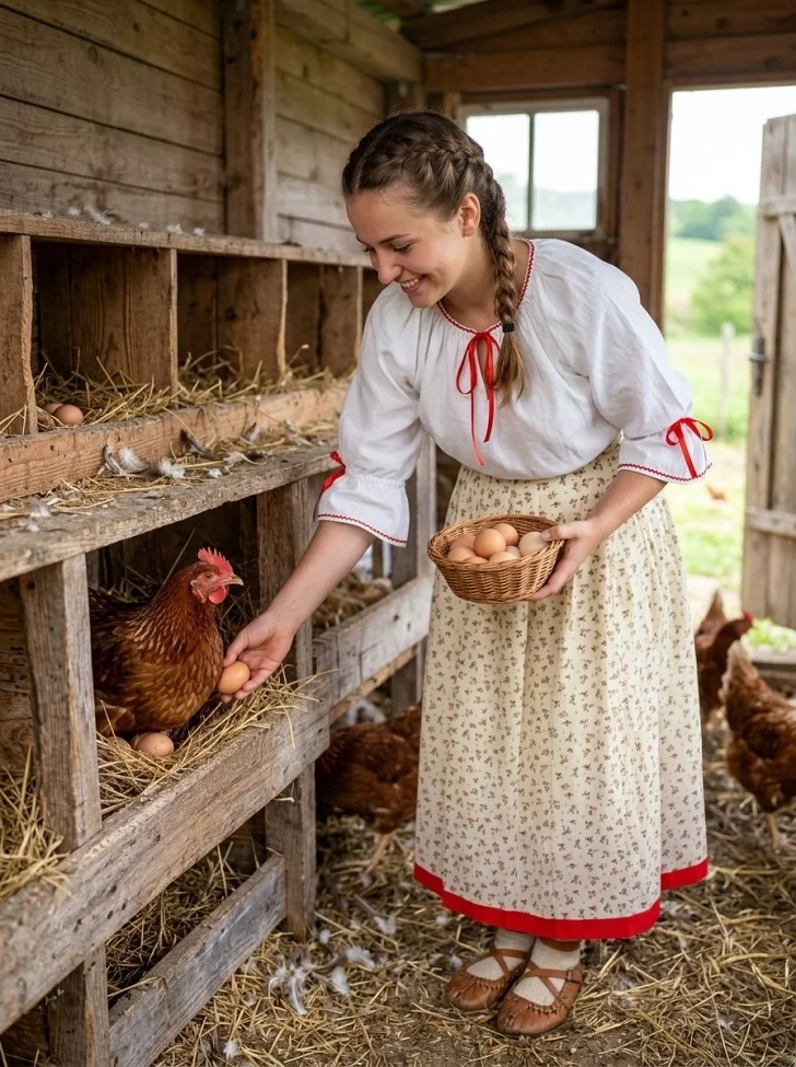 Gazdinka v slovenskom kroji odoberá sliepkam vajíčka