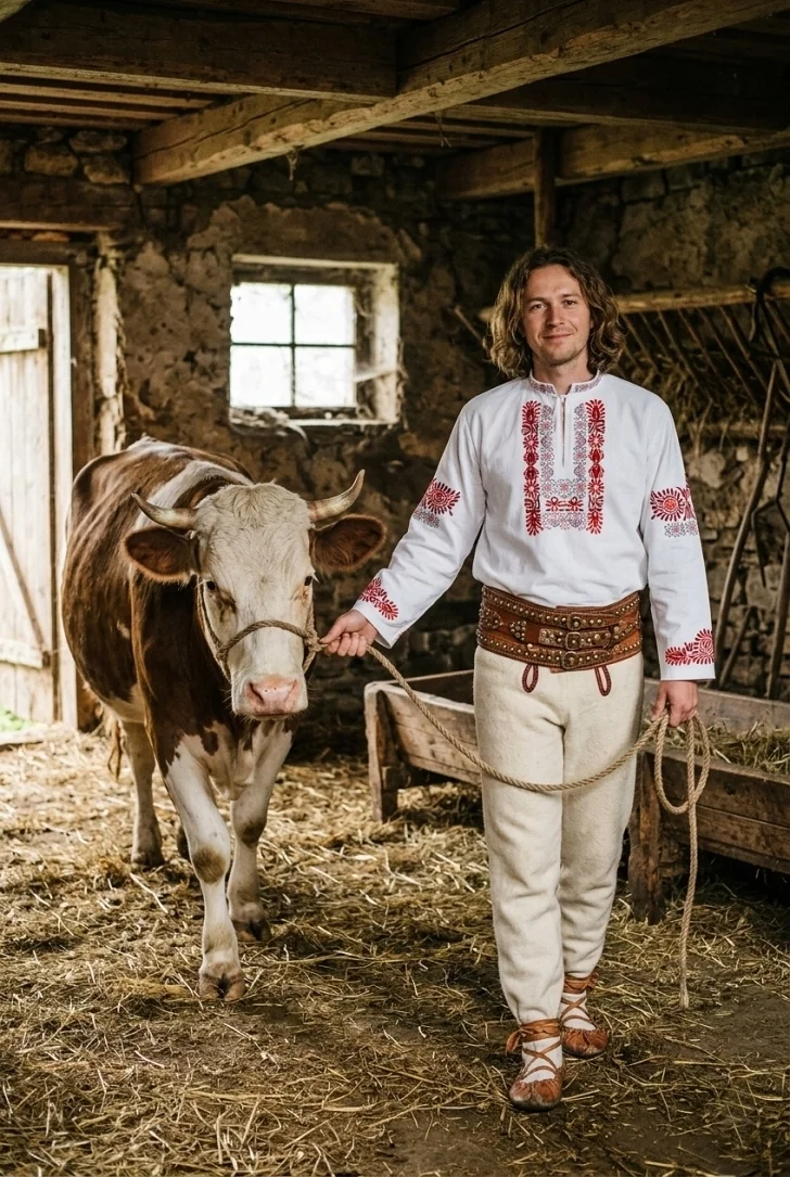 Gazda v slovenskom kroji vedie kravu do chlieva