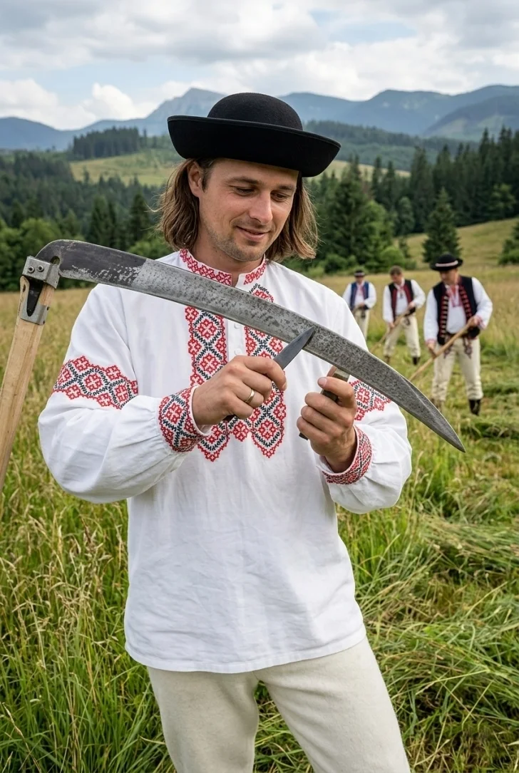 Valach v slovenskom kroji brúsi svoju kosu pred kosením trávy na lúke