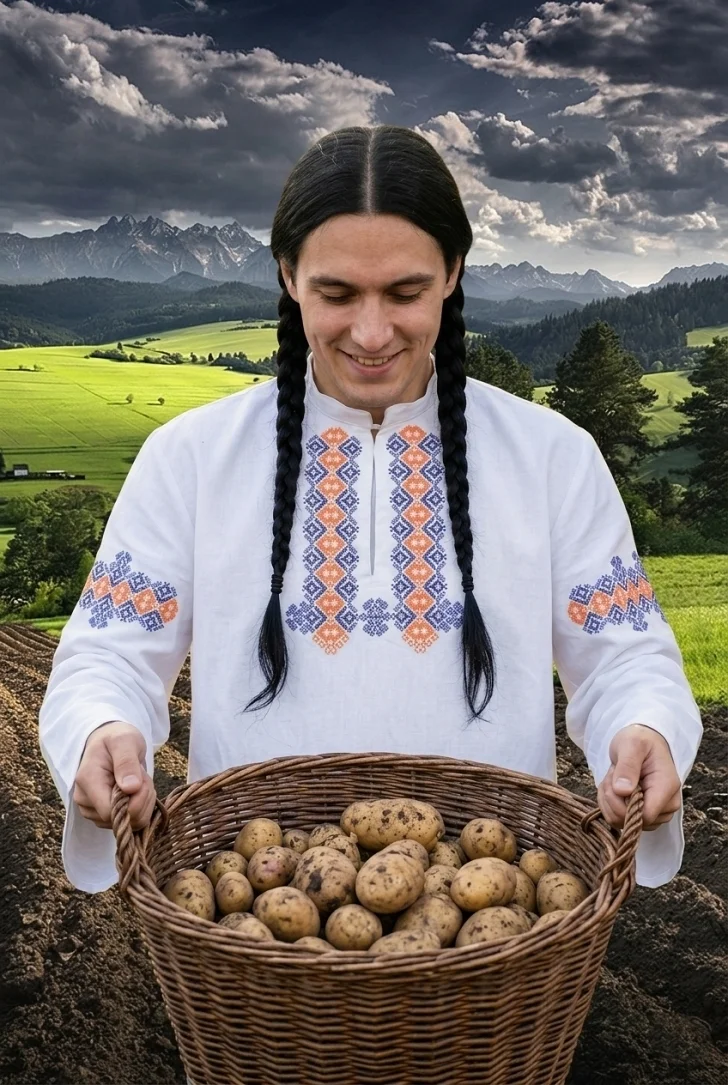 Poľnohospodár  v slovenskom kroji ukazuje svoju úrodu zemiakov