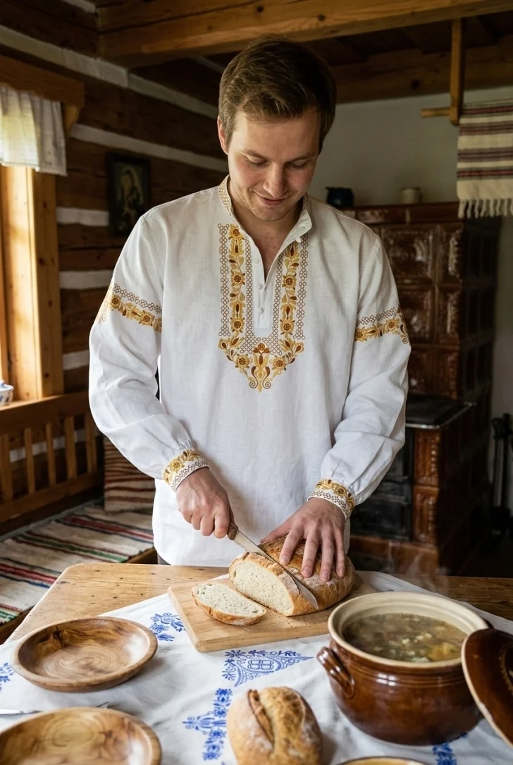 Otec rodiny  v slovenskom kroji pripravuje večeru a krája chlieb
