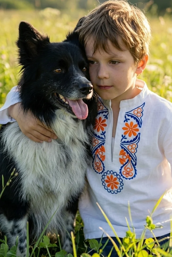 Malý chlapec v slovenskej vyšívanej krojovej košeli aj so svojím psíkom