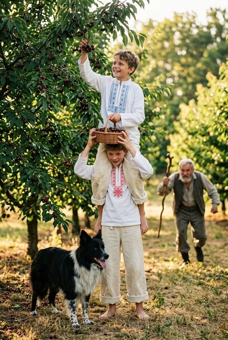 Chlapci oberajú čerešne a majú oblečené vyšívané ľudové košele Slovenského typu 
