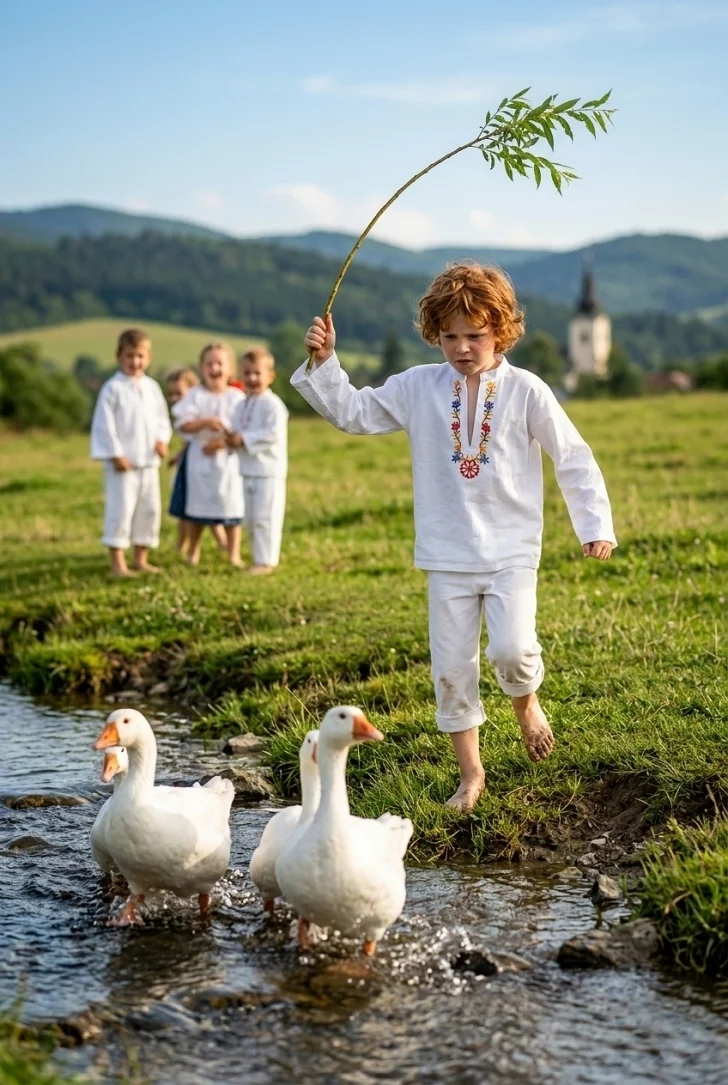 Malý chlapec pasie husy v slovenskom ľudovom kroji