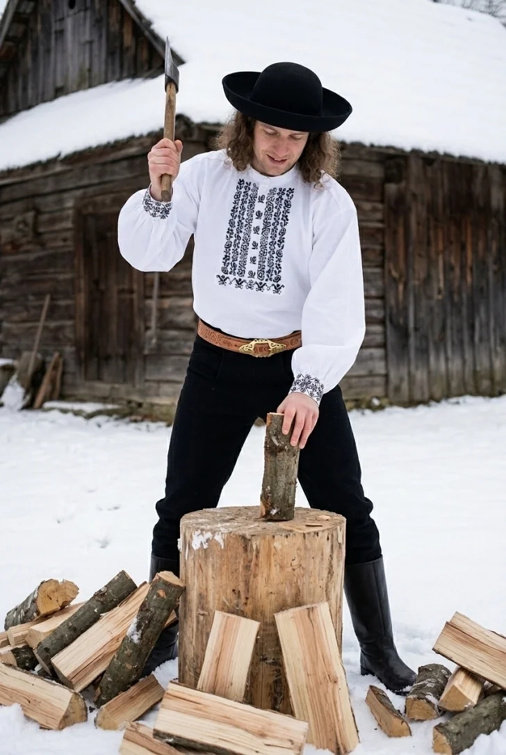Valach  v slovenskom kroji rúbe drevo na kúrenie