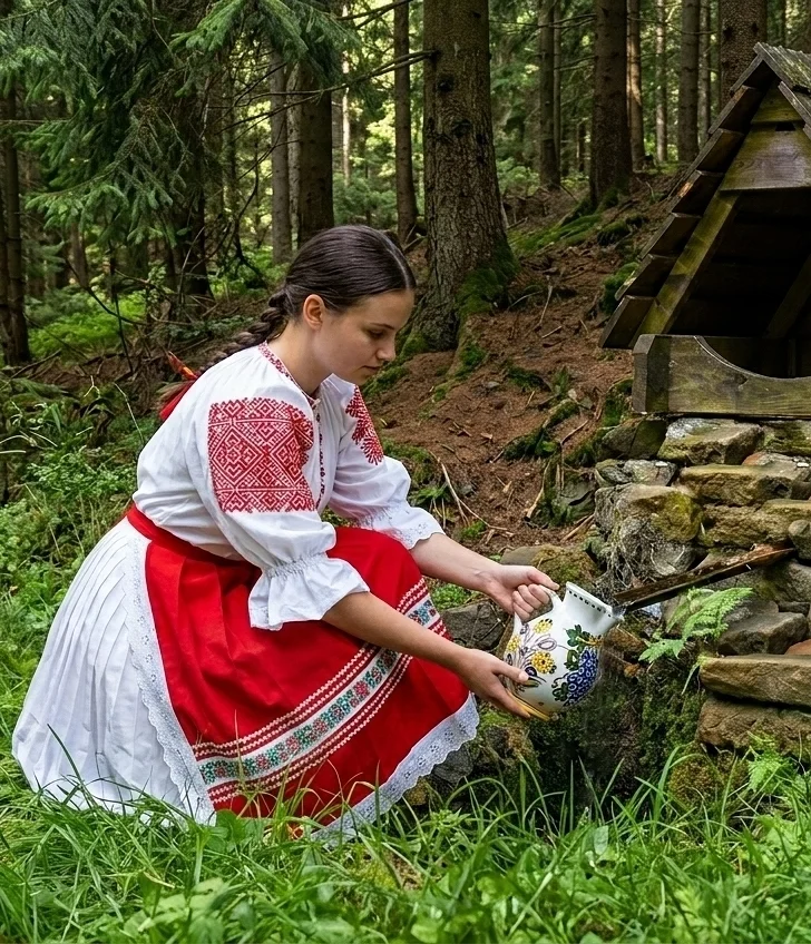 Slovenské dievča v kroji naberá do džbána vodu z lesnej studničky