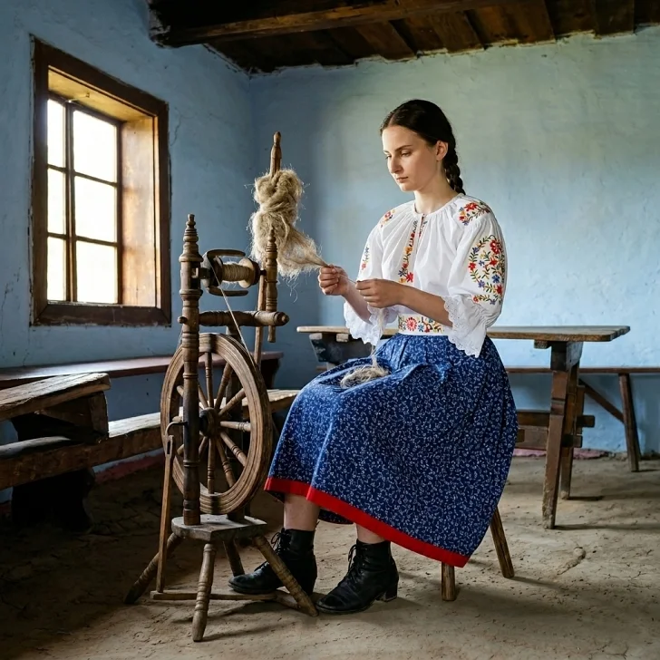 Dievča oblečené v Slovenskom kroji spriada na kolovráte  nite z ľanového rúna