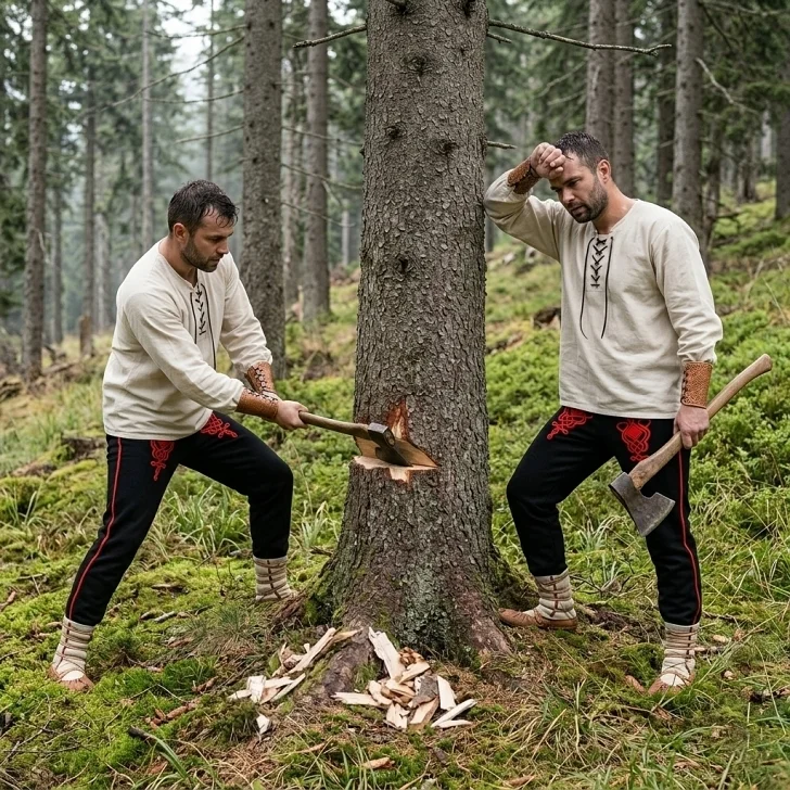 Drevorubači v Goralskom kroji rúbu strom v lese
