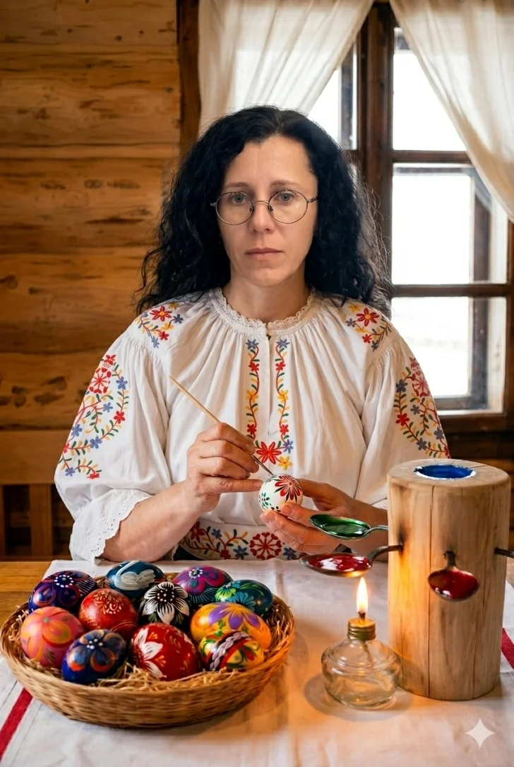 Maliarka veľkonočných vajec a kraslíc pri svojej práci je oblečená vo vyšívaných slovenských rukávcoch