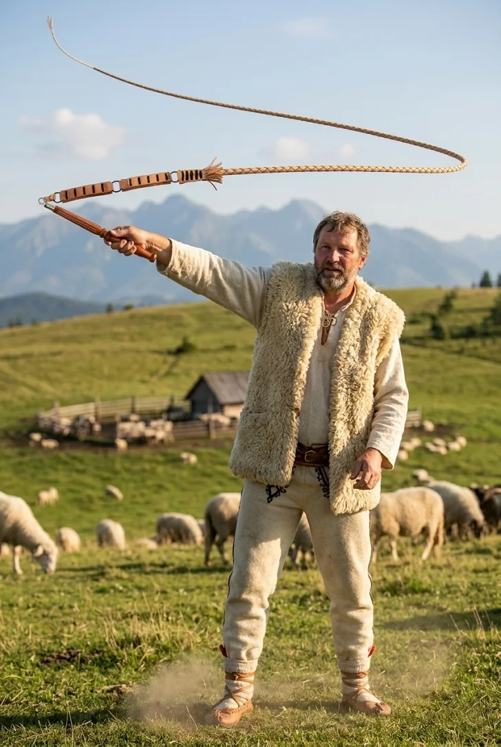 Bača na salaši plieska pastierským bičom