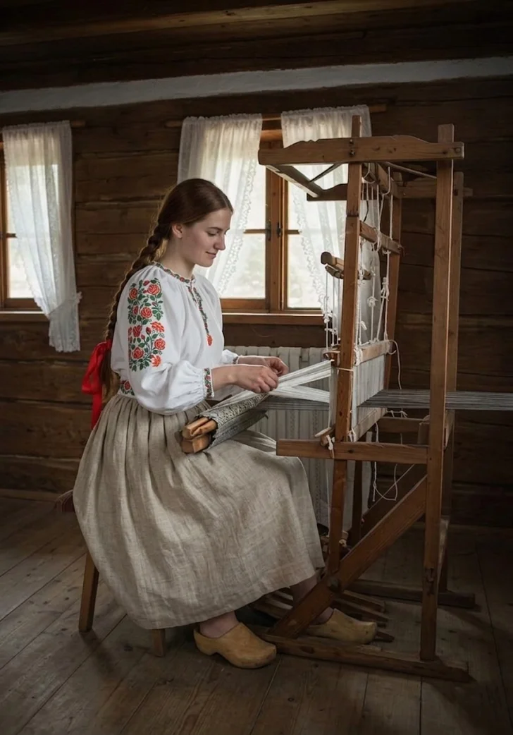 Žena v starej drevenici oblečená do Slovenského kroja vyrába plátno na tkáčskom stave  