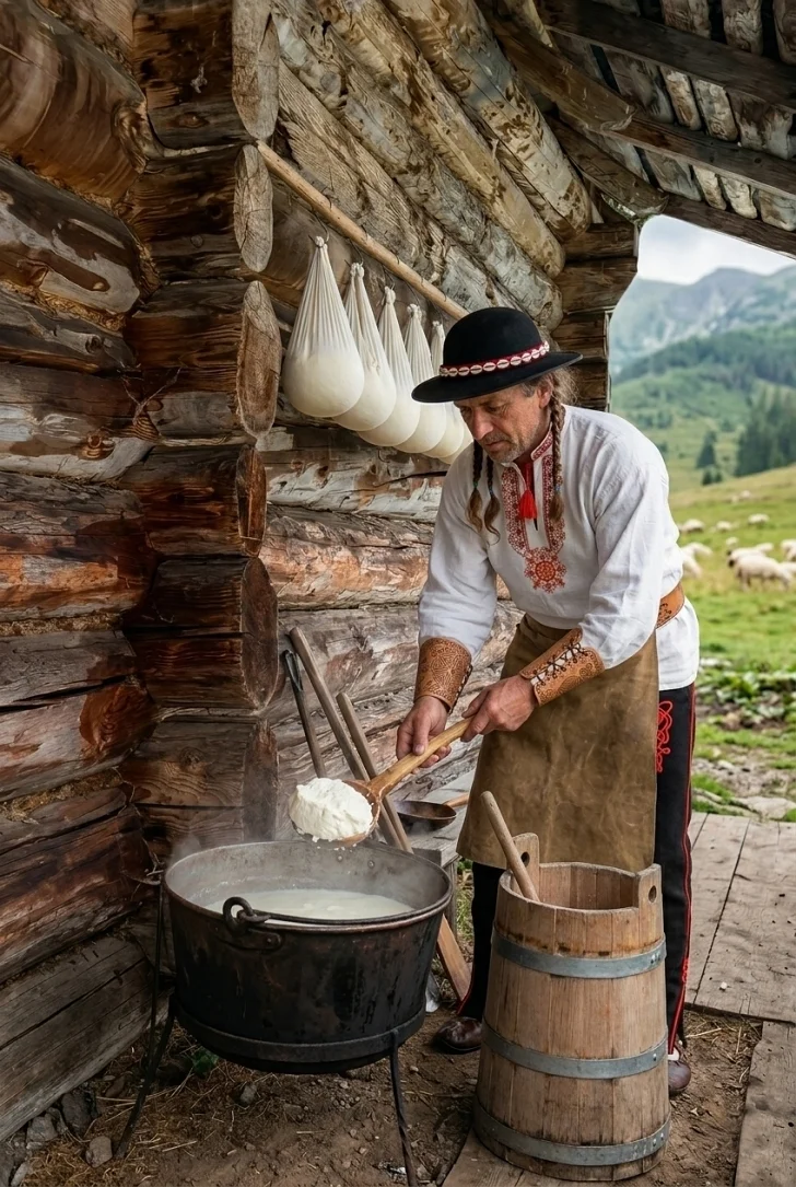 Bača na sališi pri výrobe ovčieho syra je v Slovenskom ľudovom kroji