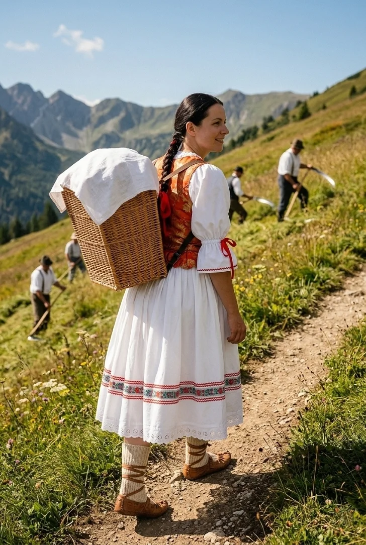 Gazdiná nesie do hôr jedlo pre koscov, má oblečený Slovenský kroj
