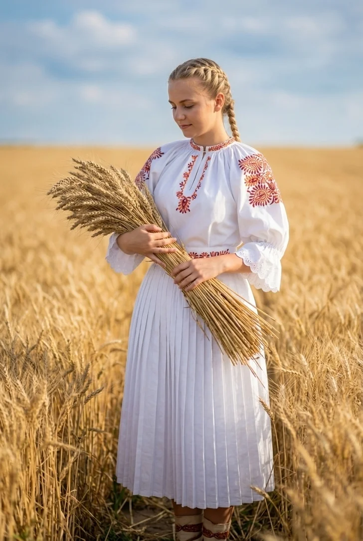 Jesenný zber úrody, žena v kroji preberá steblá pšenice