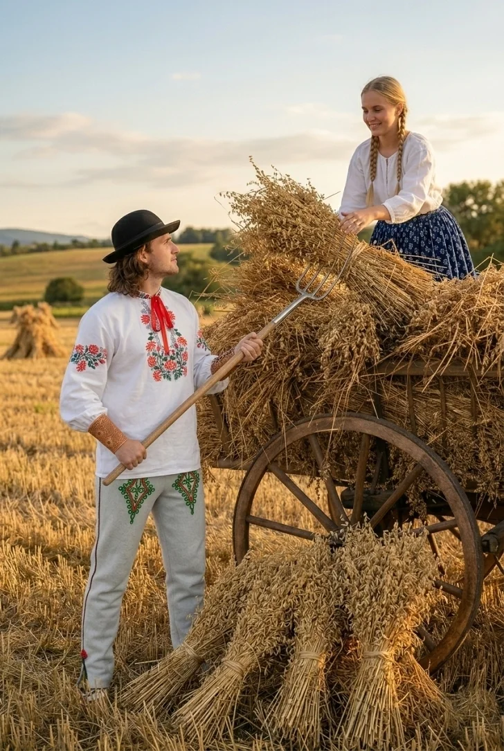 Jesenný zber ovsa - muž so ženou odvážajú ovos z poľa a sú oblečení v krojoch