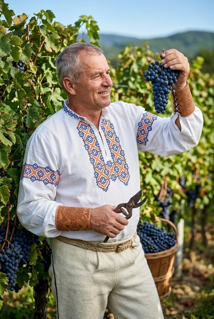 Vinár  v slovenskom kroji zbiera úrodu hrozna vo vinohrade
