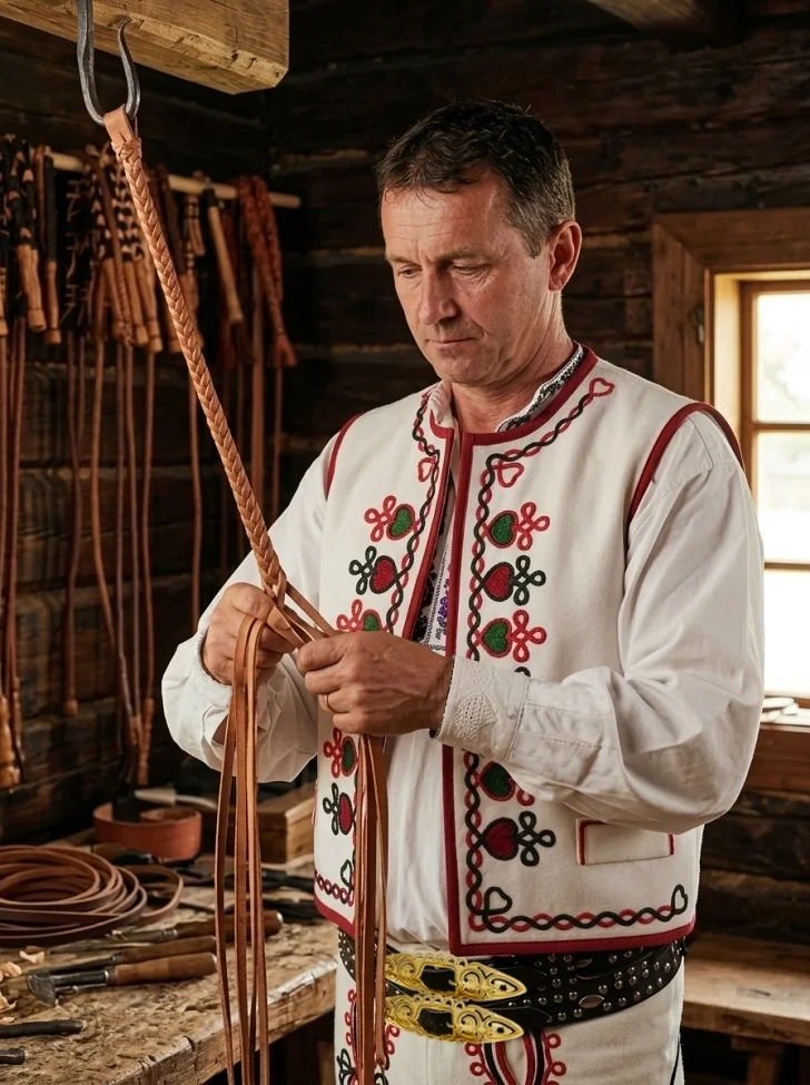 Liptovský výrobca pastierskych bičov pri práci
