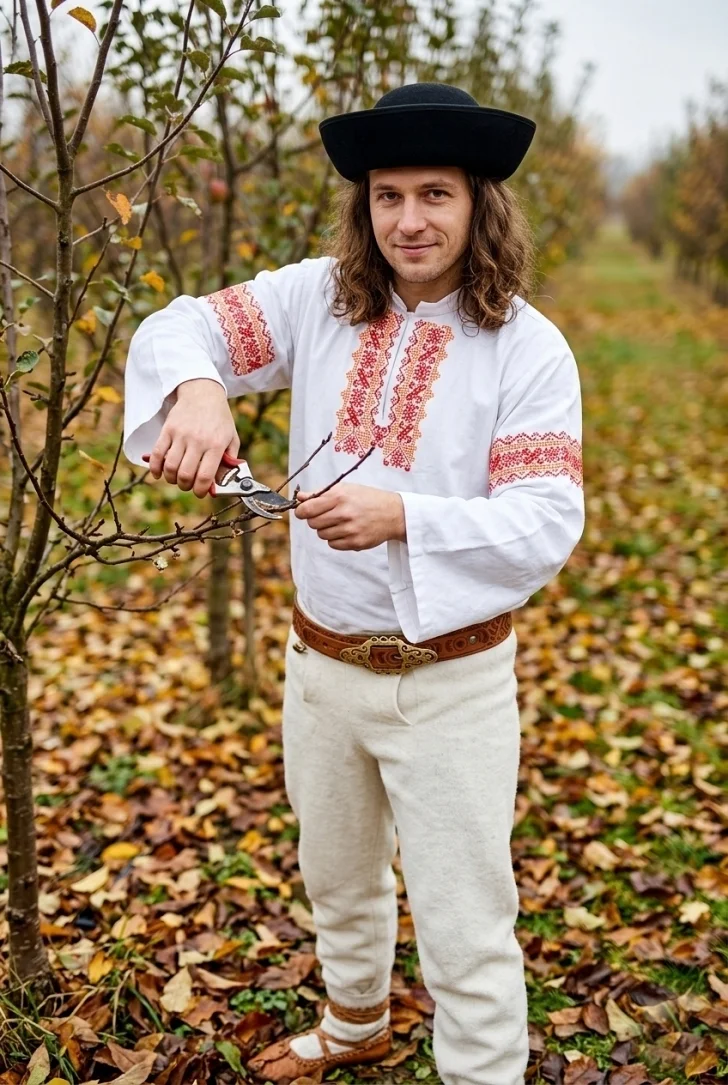 Ovocinár  v slovenskom kroji vykonáva jesenný strih ovocných stromov