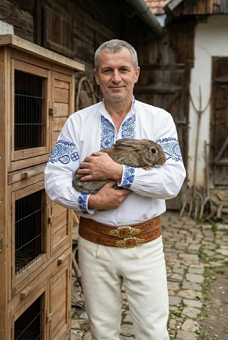 Chovateľ zajacov  v slovenskom kroji krmi králikov