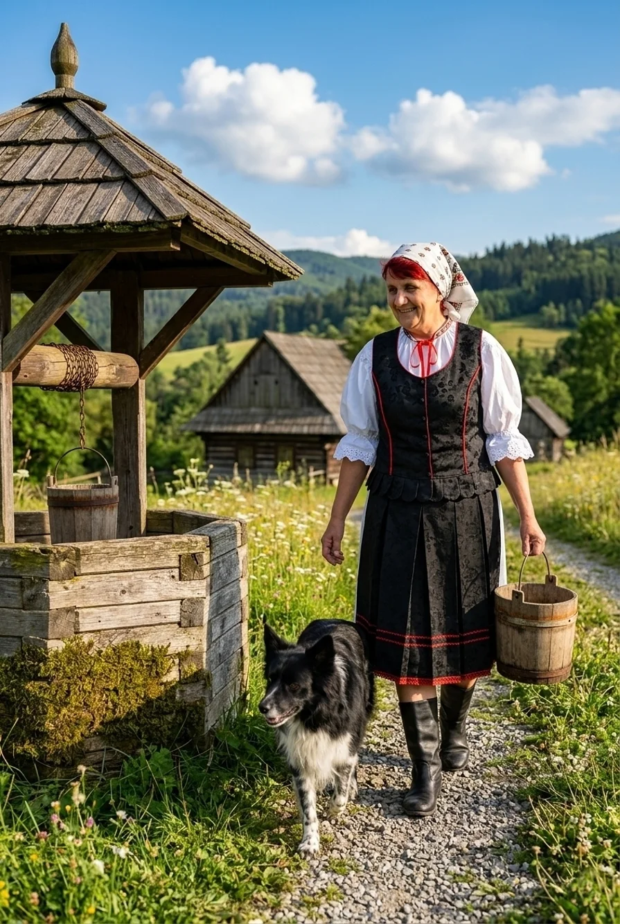 Žena v Kysuckom kroji kráča s vedrom na vodu ku studni