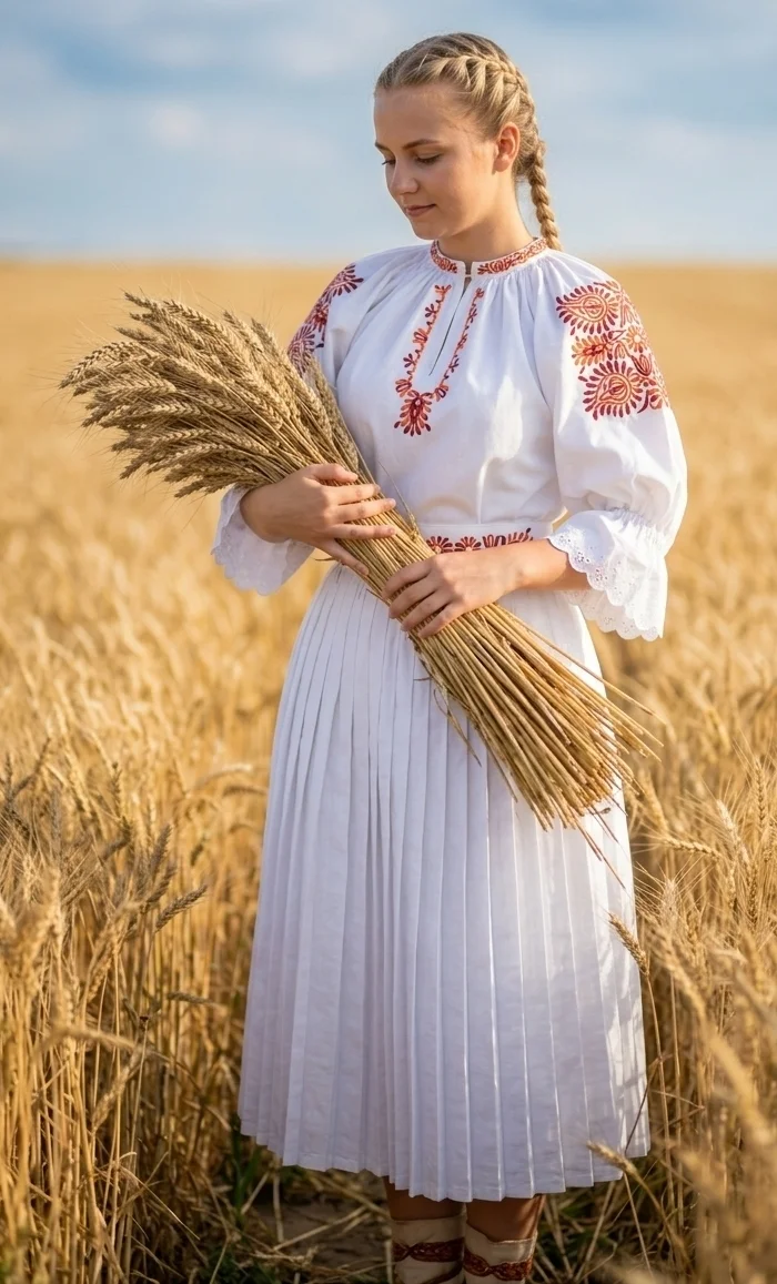Žena v kroji stojí v pšeničnom poli