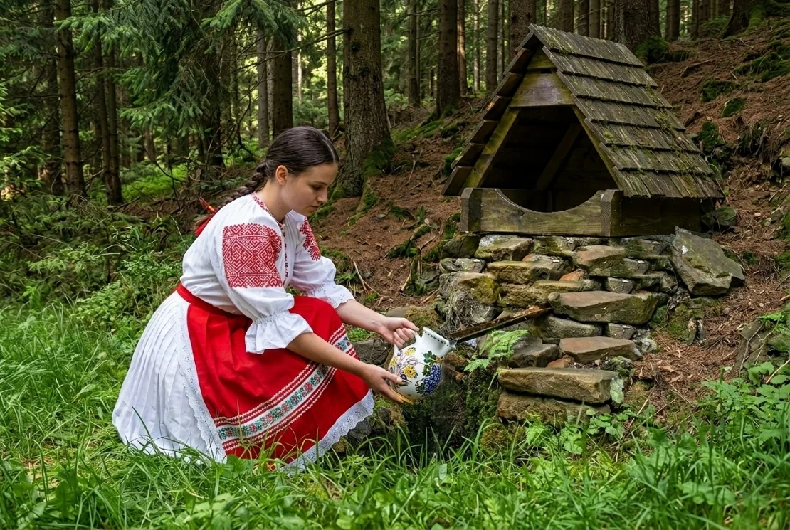 Dievča v kroji naberá vodu zo studničky